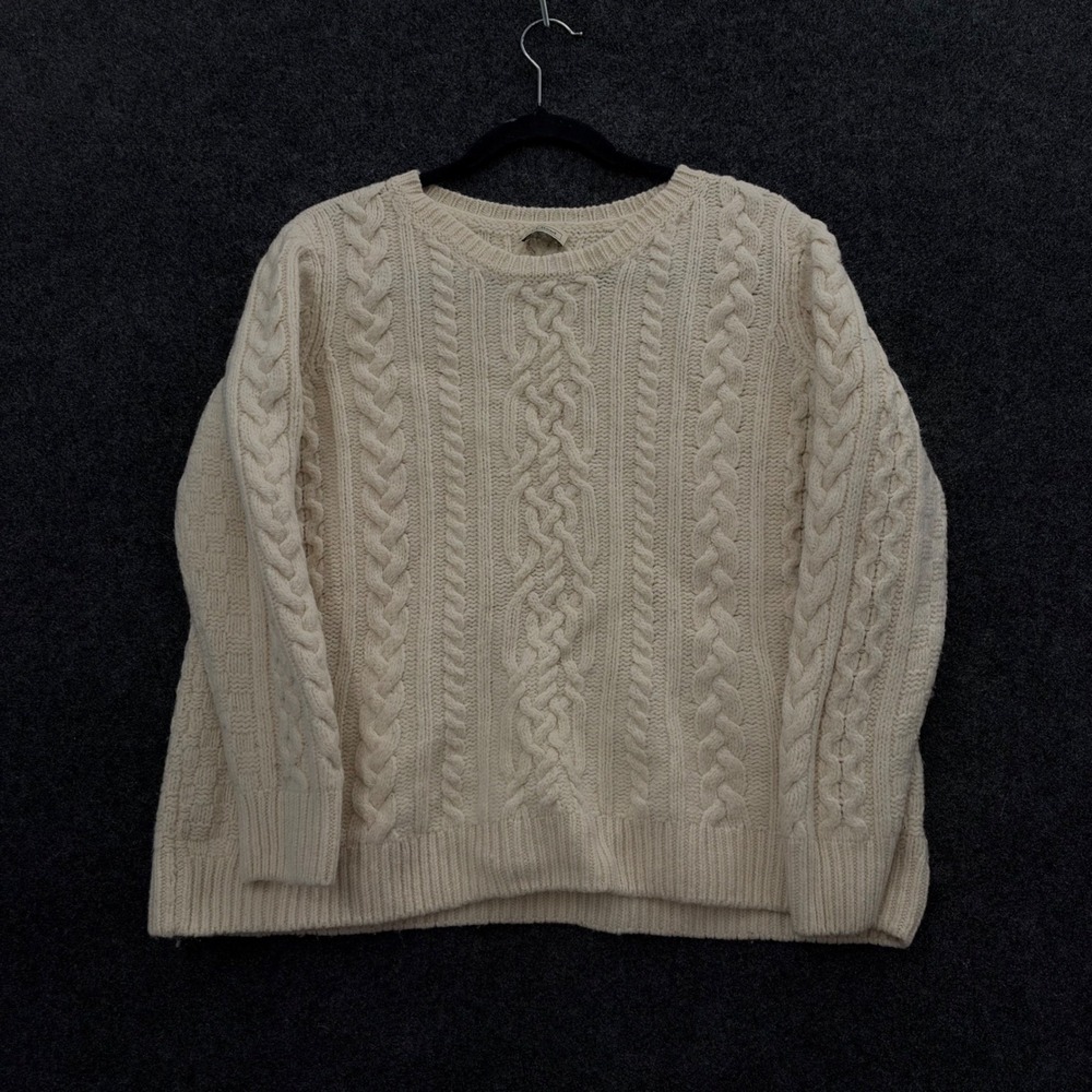 LL Bean Vintage Oversized Cable Knit Wool Sweater Cream Made in Ireland Large